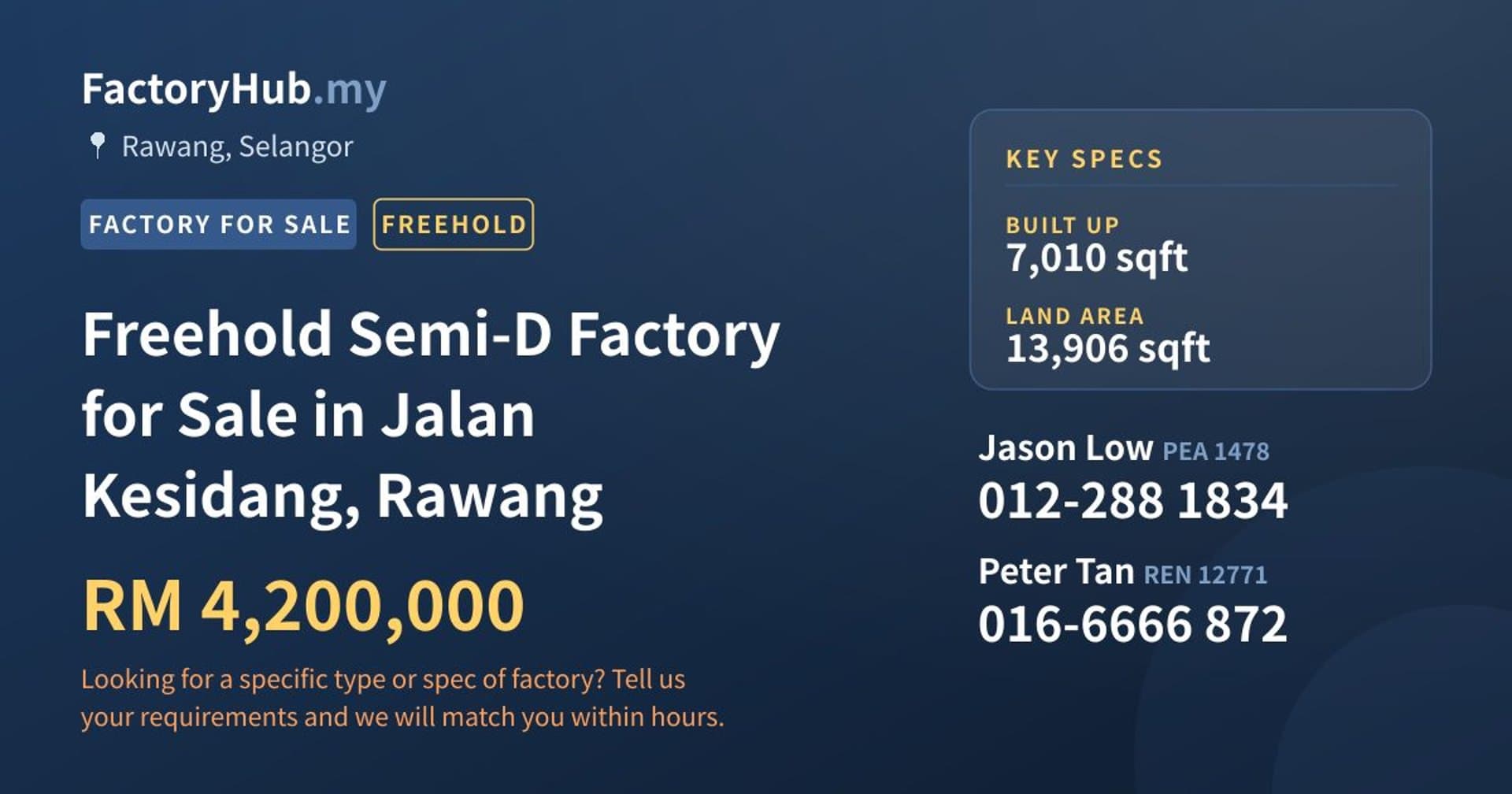 Freehold Semi-D Factory for Sale in Jalan Kesidang, Rawang - Property image 1 of 2