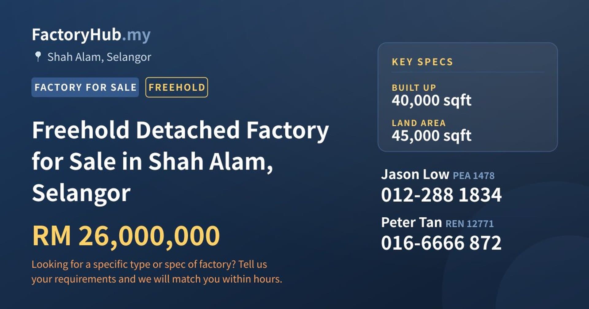 Freehold Detached Factory for Sale in Shah Alam, Selangor - Property image 1 of 2