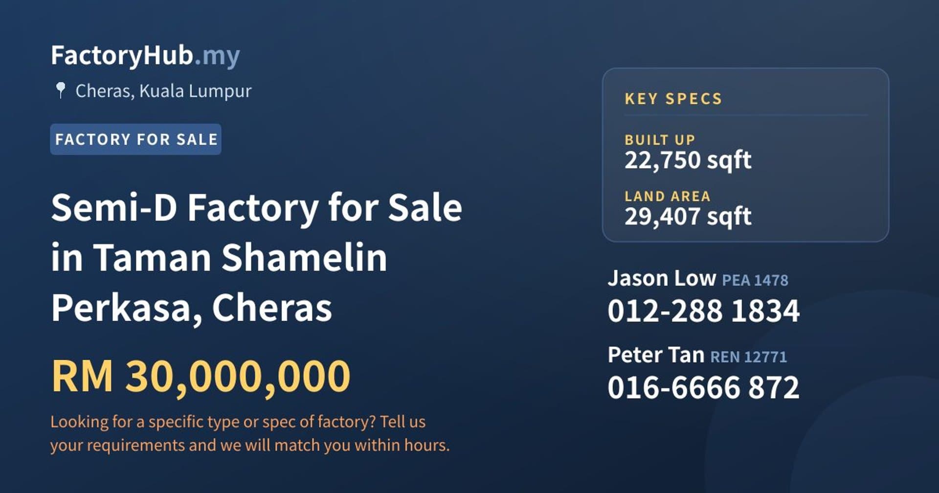 Semi-D Factory for Sale in Taman Shamelin Perkasa, Cheras - Property image 1 of 2
