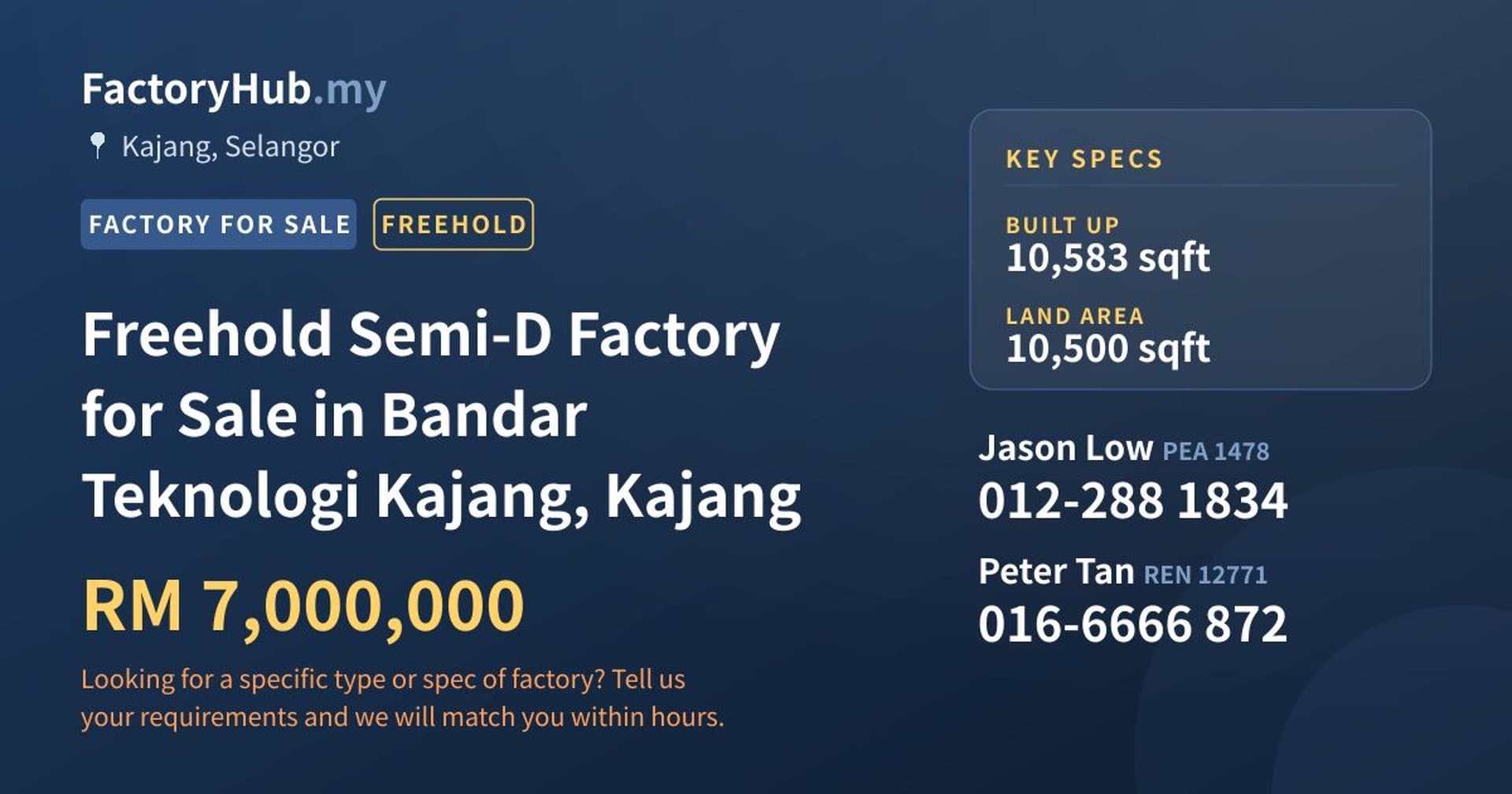 Freehold Semi-D Factory for Sale in Bandar Teknologi Kajang, Kajang - Property image 1 of 2