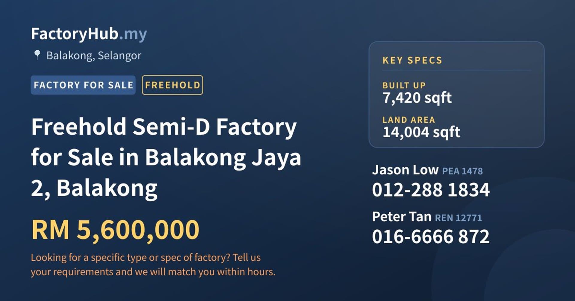 Freehold Semi-D Factory for Sale in Balakong Jaya 2, Balakong - Property image 1 of 2