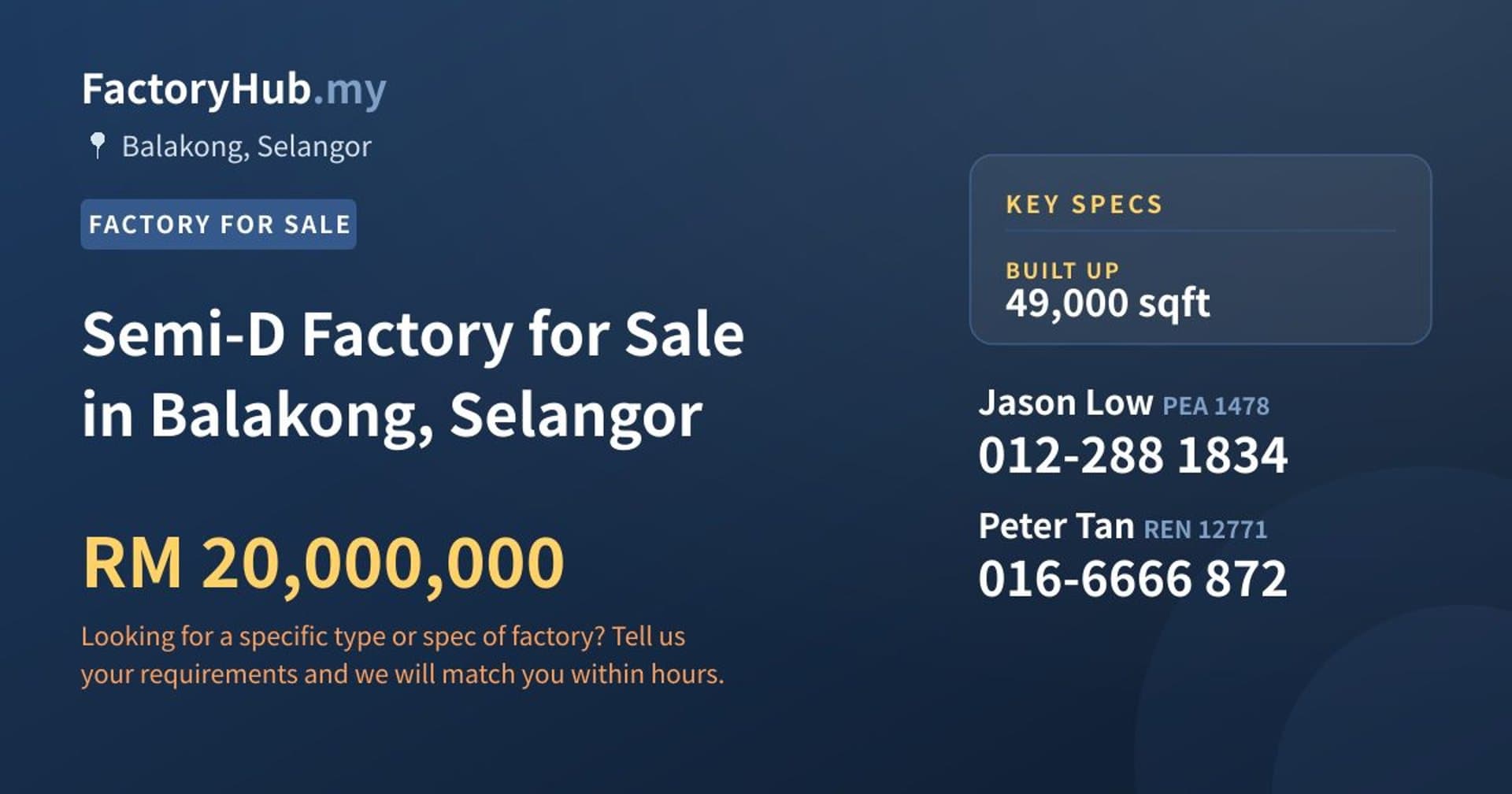 Semi-D Factory for Sale in Balakong, Selangor - Property image 1 of 2