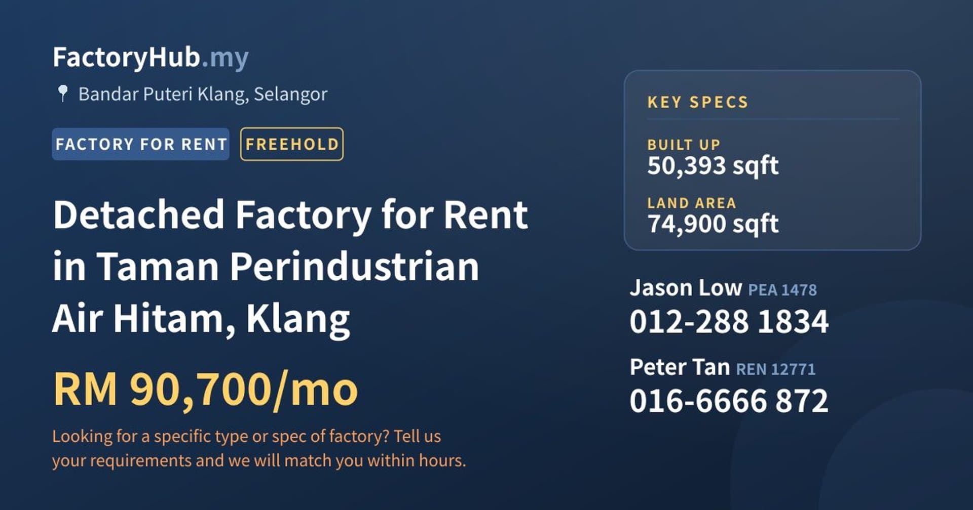 Detached Factory for Rent in Taman Perindustrian Air Hitam, Klang - Property image 1 of 2