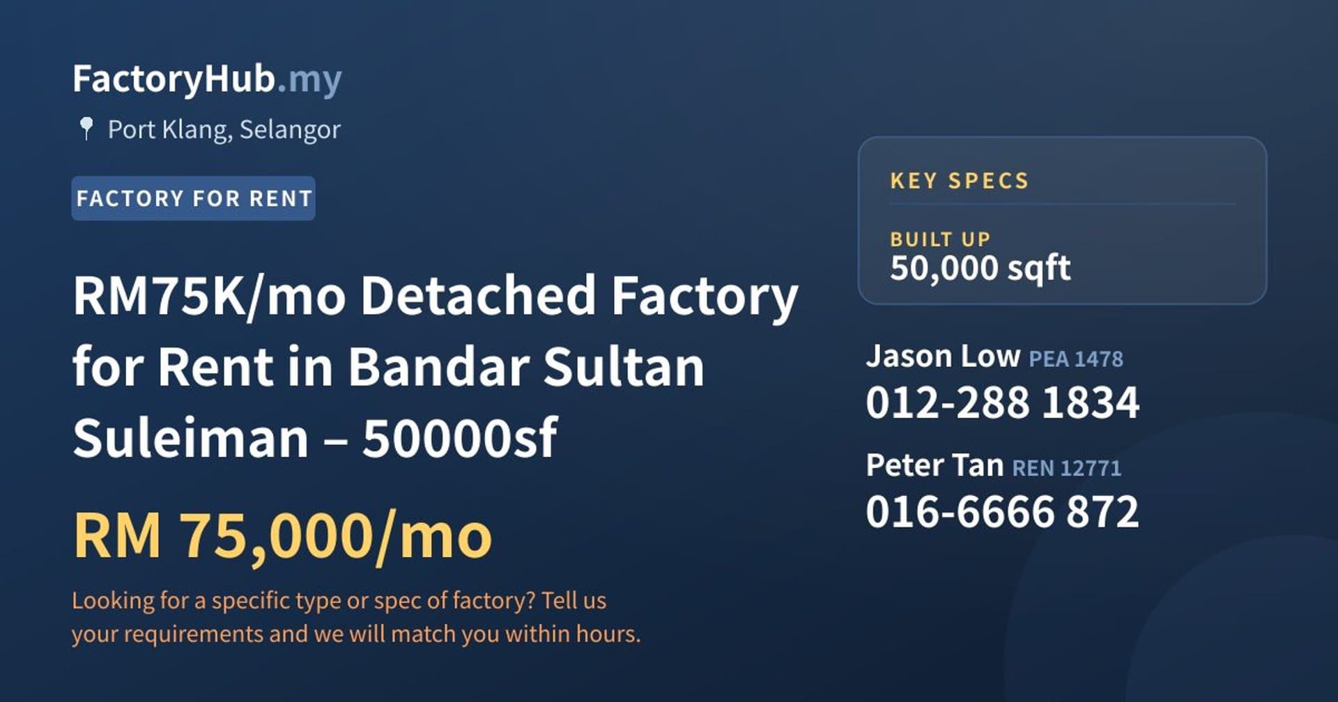 RM75K/mo Detached Factory for Rent in Bandar Sultan Suleiman – 50000sf - Property image 1 of 5