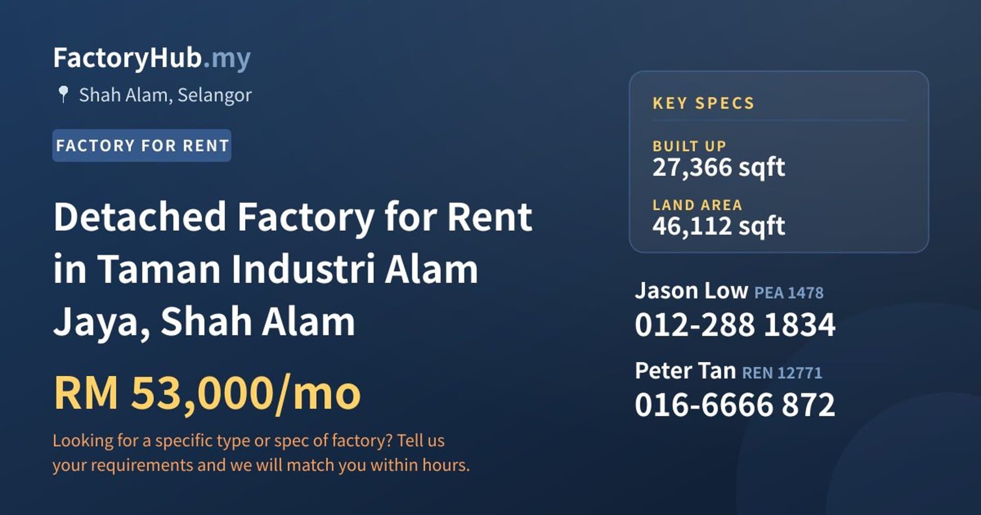 Detached Factory for Rent in Taman Industri Alam Jaya, Shah Alam - Property image 1 of 2