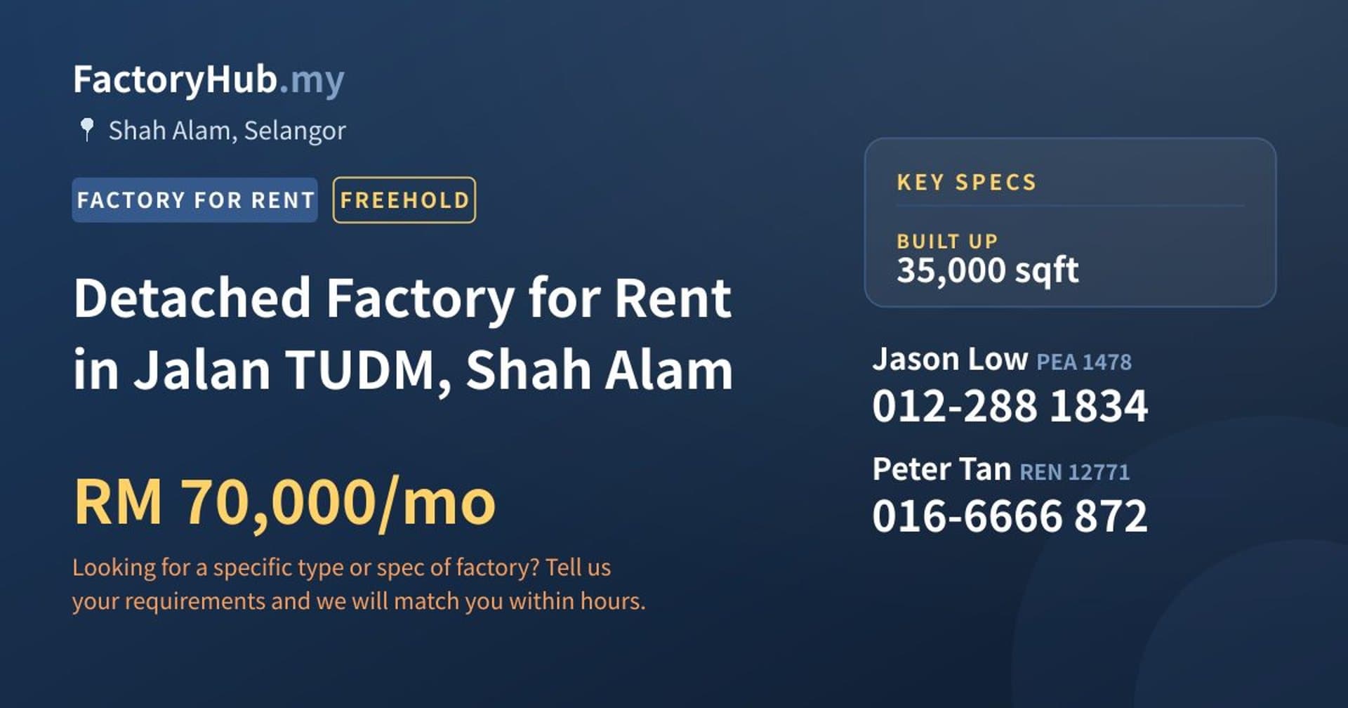 Detached Factory for Rent in Jalan TUDM, Shah Alam - Property image 1 of 2