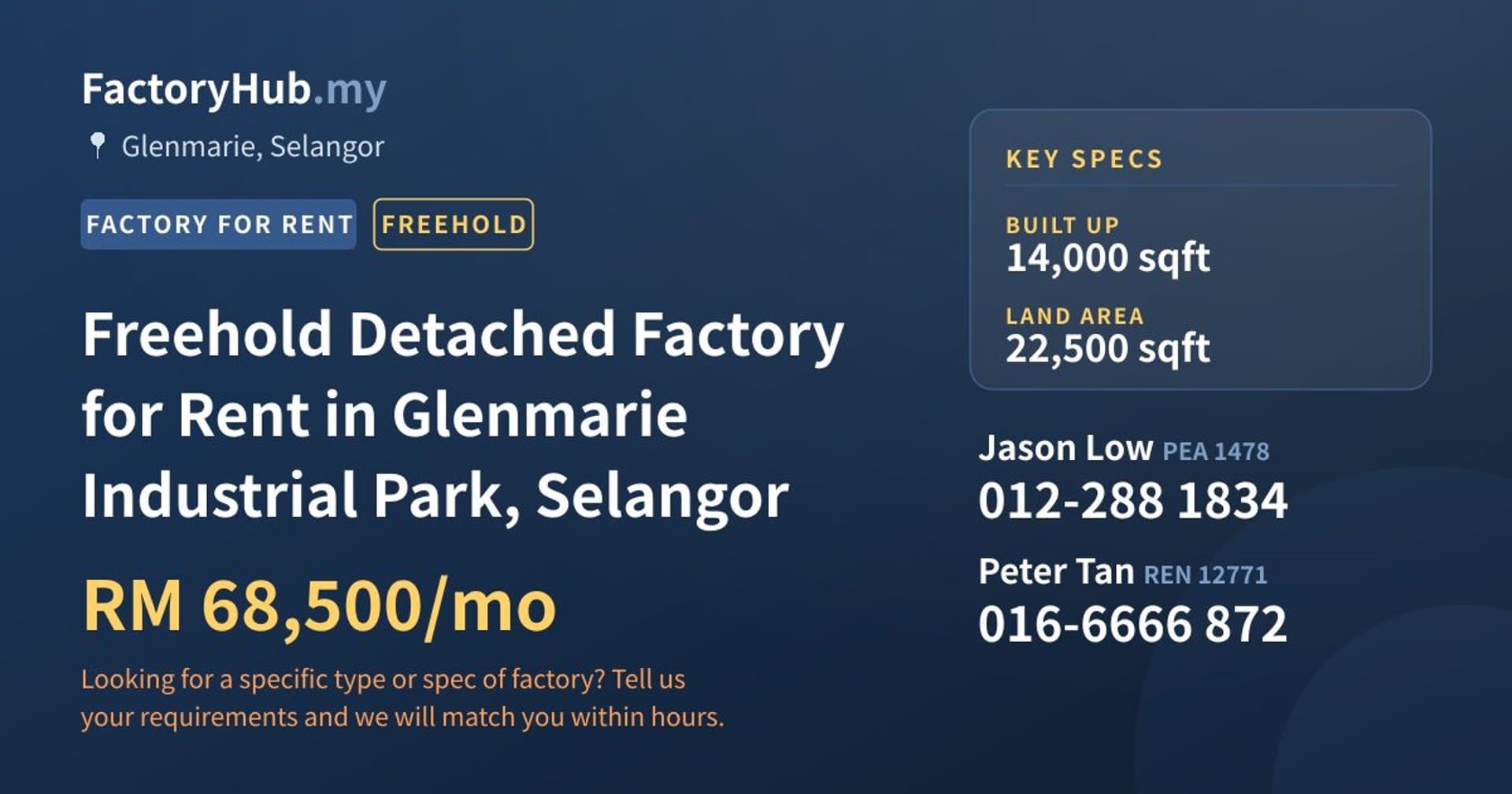 Freehold Detached Factory for Rent in Glenmarie Industrial Park, Selangor - Property image 1 of 2