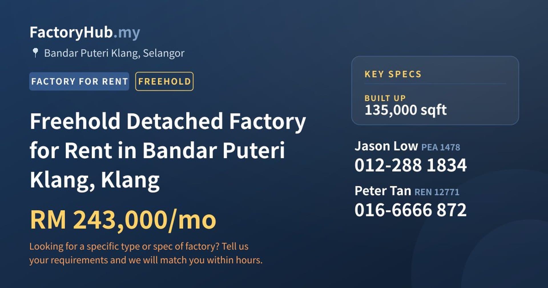 Freehold Detached Factory for Rent in Bandar Puteri Klang, Klang - Property image 1 of 2