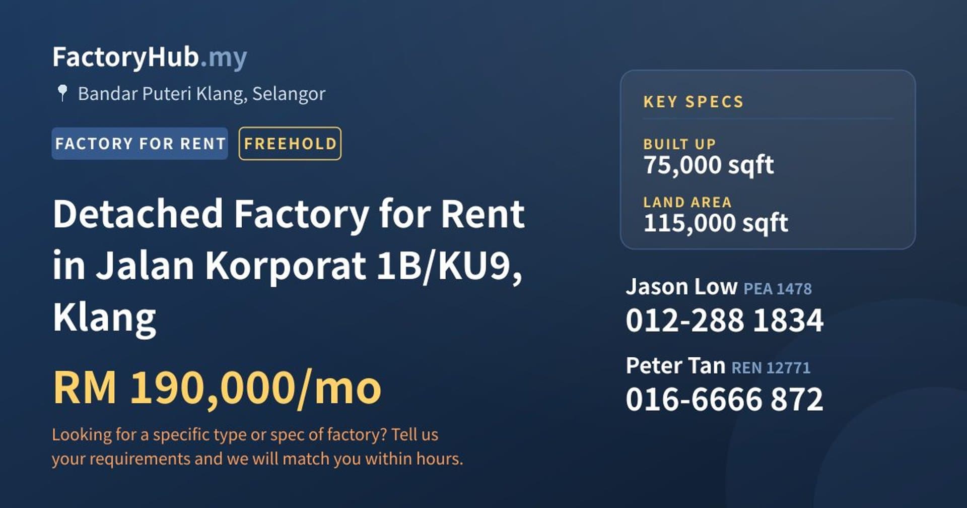 Detached Factory for Rent in Jalan Korporat 1B/KU9, Klang - Property image 1 of 2