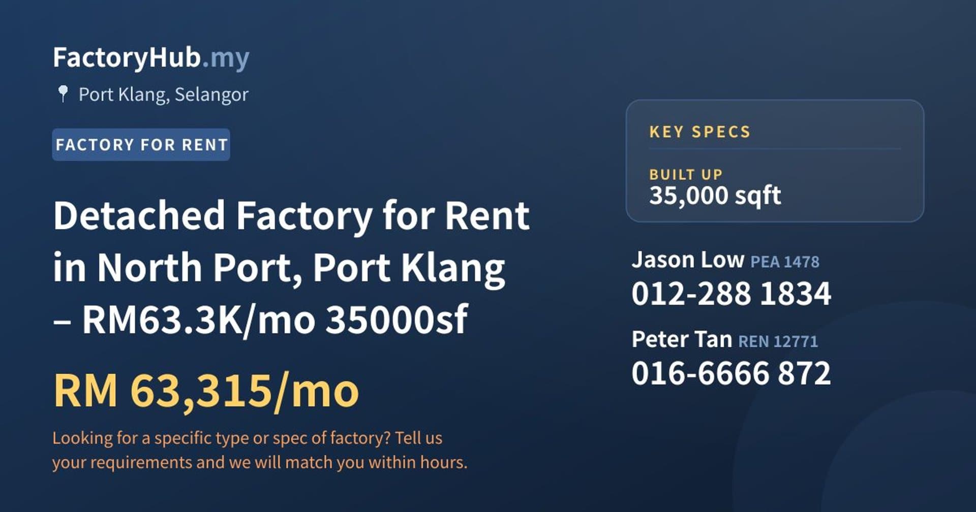 Detached Factory for Rent in North Port, Port Klang – RM63.3K/mo 35000sf - Property image 1 of 4