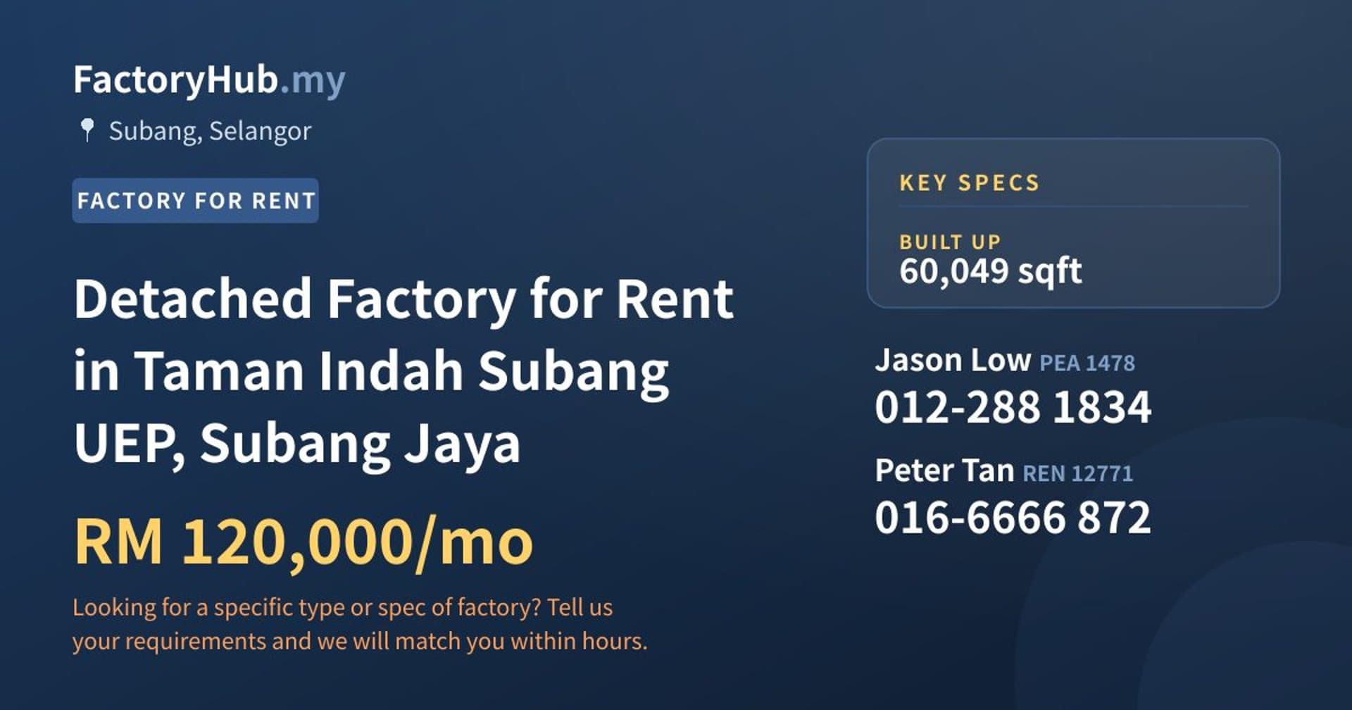 Detached Factory for Rent in Taman Indah Subang UEP, Subang Jaya - Property image 1 of 2