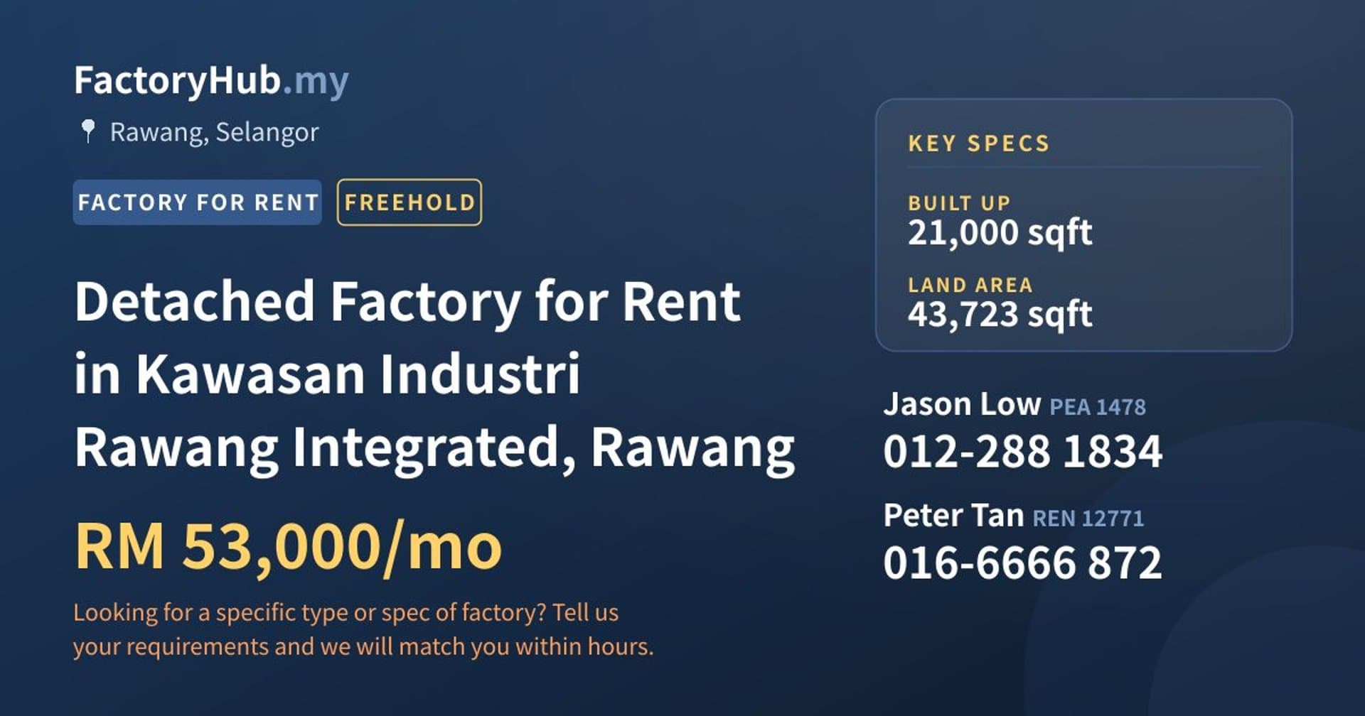 Detached Factory for Rent in Kawasan Industri Rawang Integrated, Rawang - Property image 1 of 2