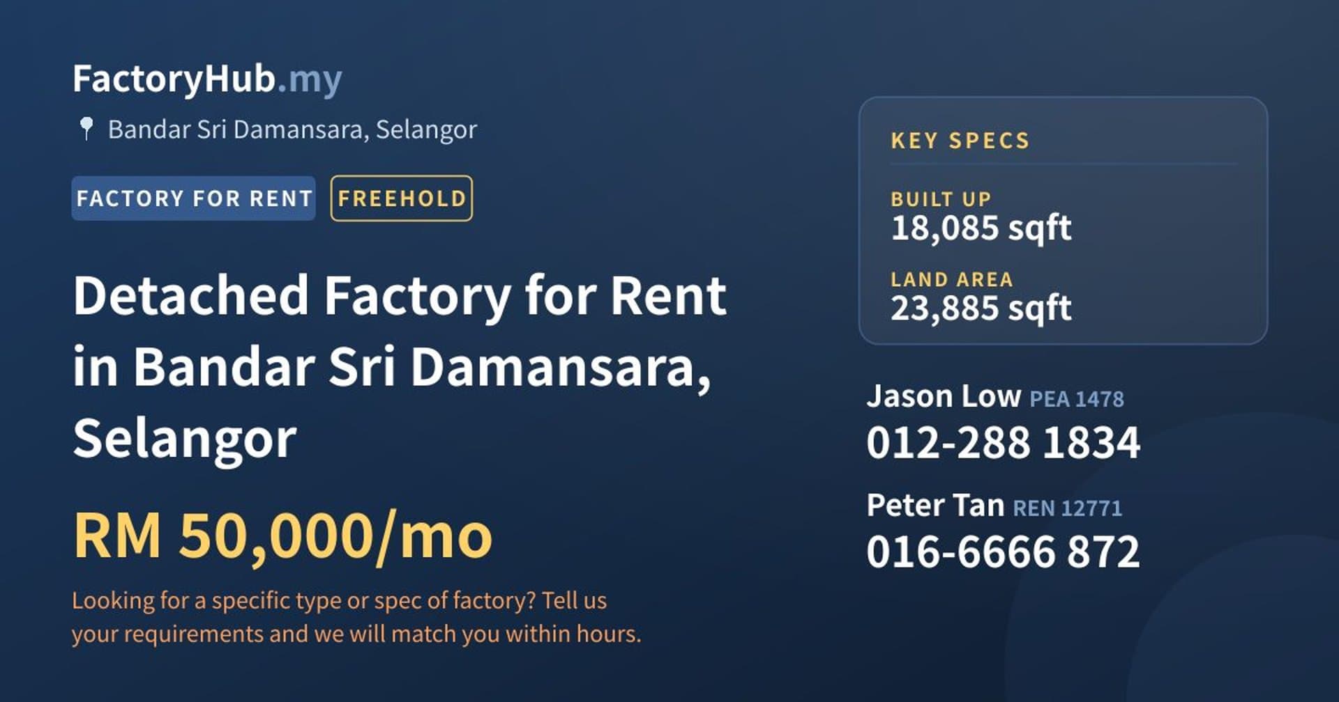 Detached Factory for Rent in Bandar Sri Damansara, Selangor - Property image 1 of 2