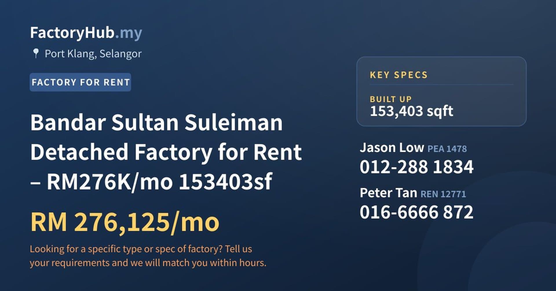 Bandar Sultan Suleiman Detached Factory for Rent – RM276K/mo 153403sf - Property image 1 of 6