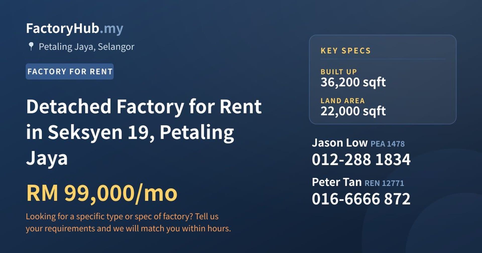 Detached Factory for Rent in Seksyen 19, Petaling Jaya - Property image 1 of 2
