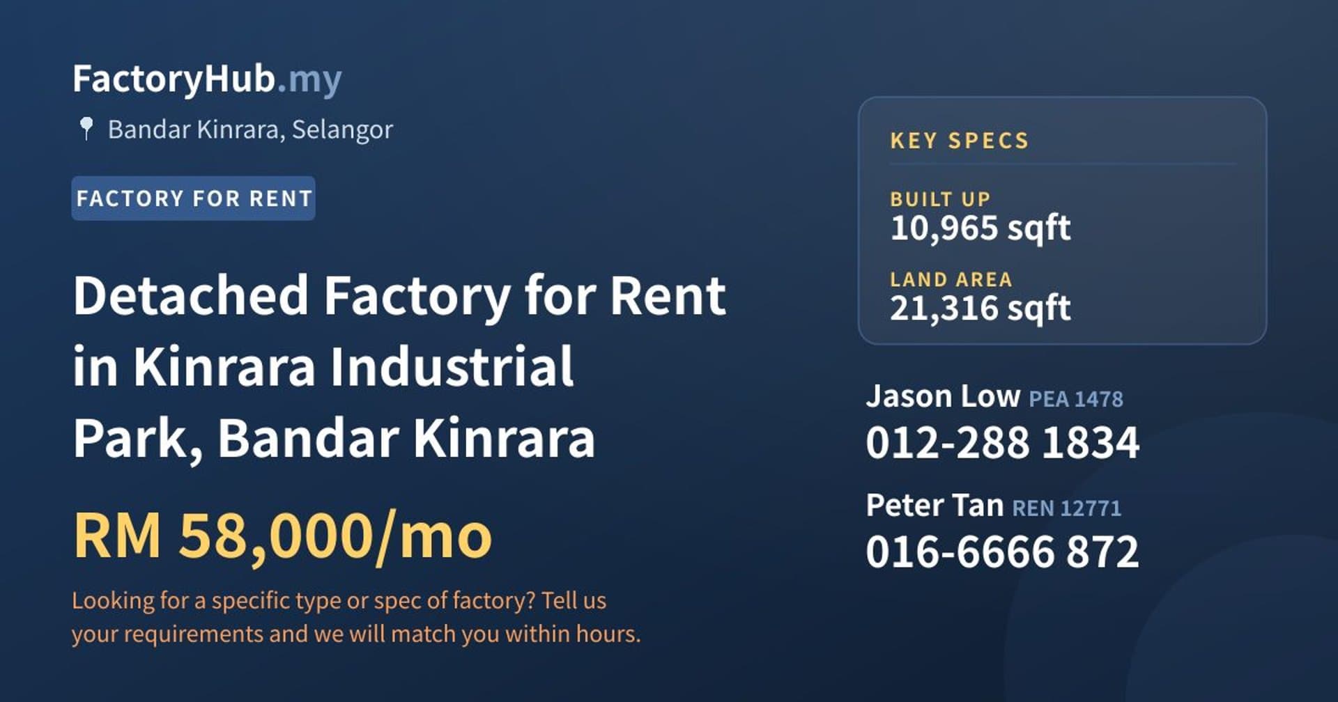 Detached Factory for Rent in Kinrara Industrial Park, Bandar Kinrara - Property image 1 of 2