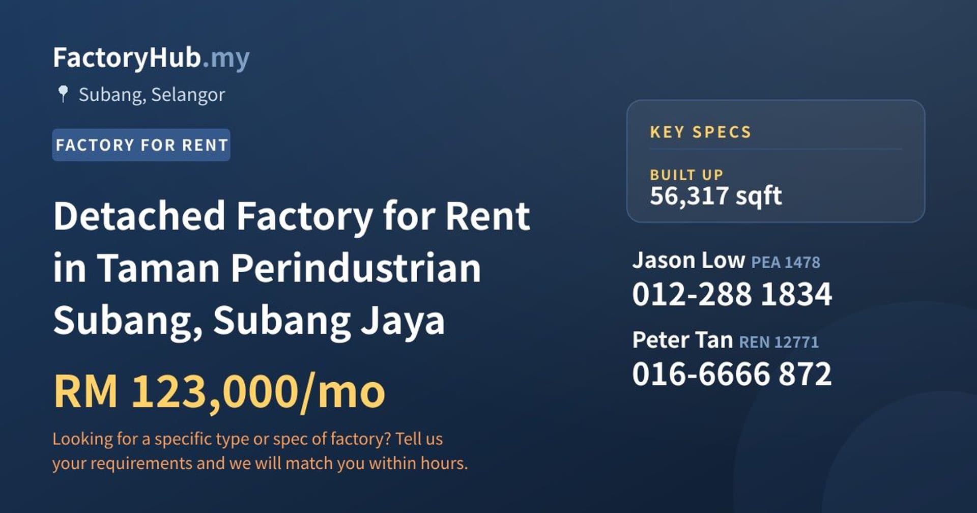 Detached Factory for Rent in Taman Perindustrian Subang, Subang Jaya - Property image 1 of 2
