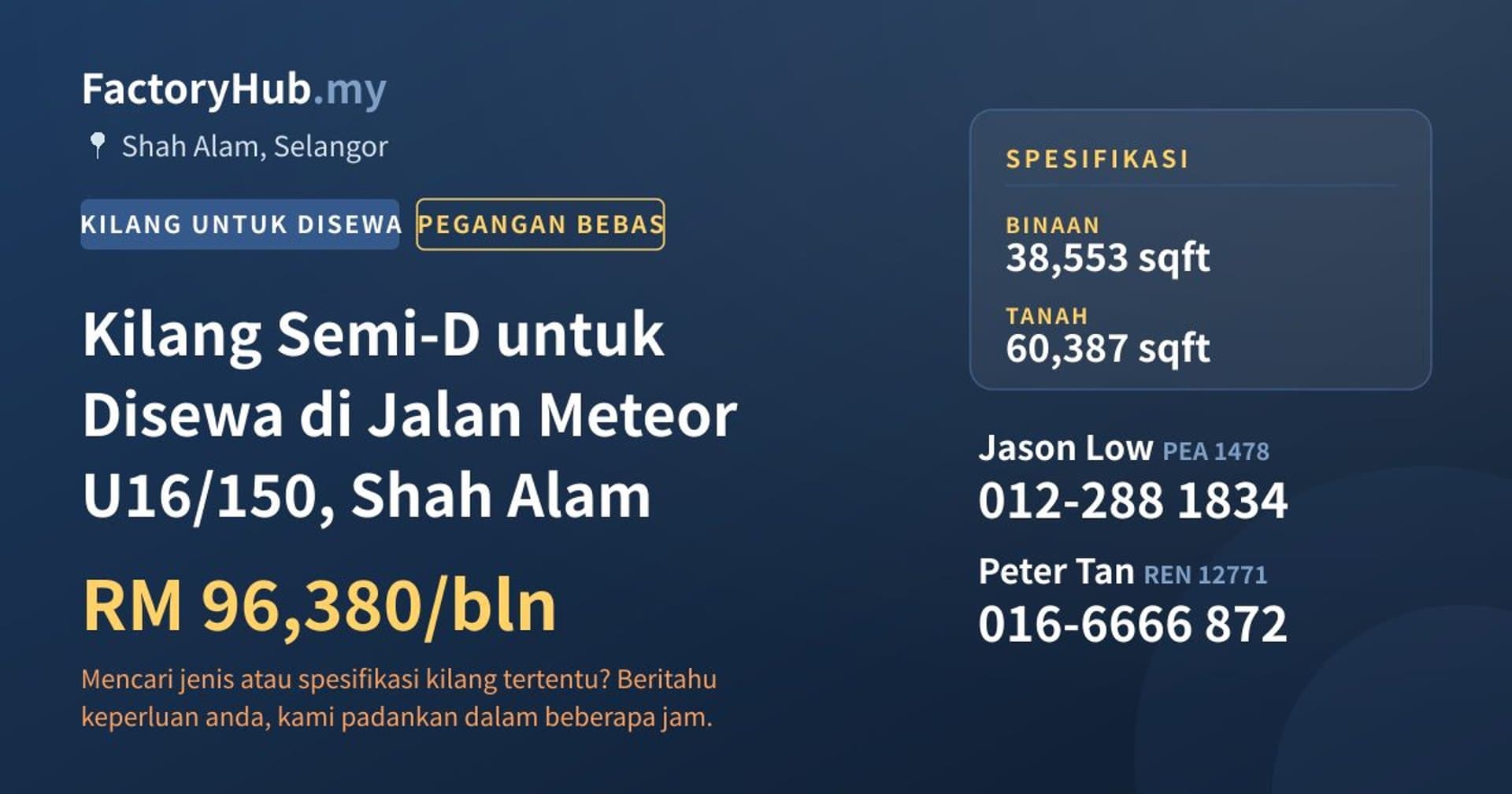 Kilang Semi-D untuk Disewa di Jalan Meteor U16/150, Shah Alam · Imej hartanah 1/2