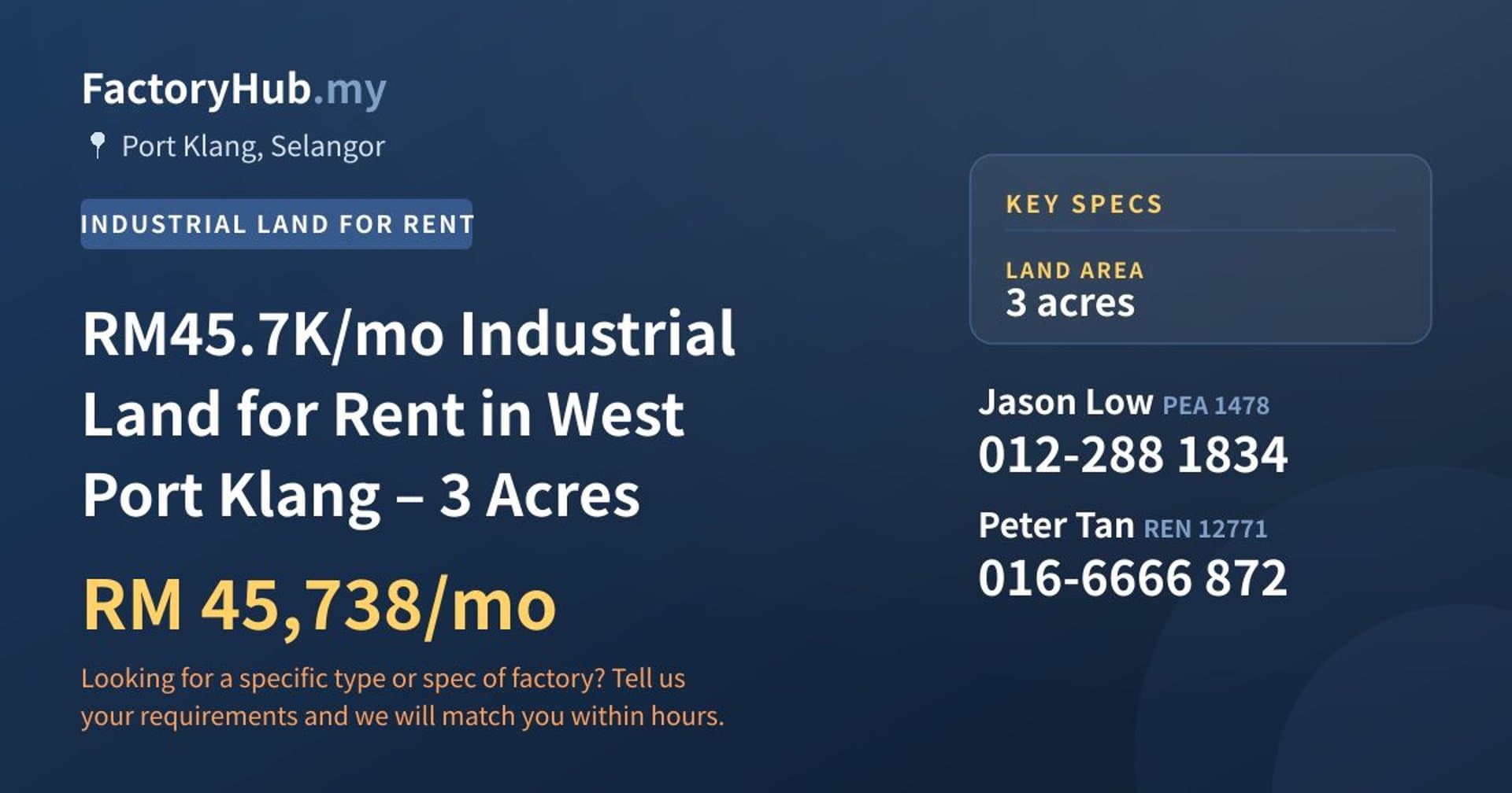 RM45.7K/mo Industrial Land for Rent in West Port Klang – 3 Acres - Property image 1 of 5