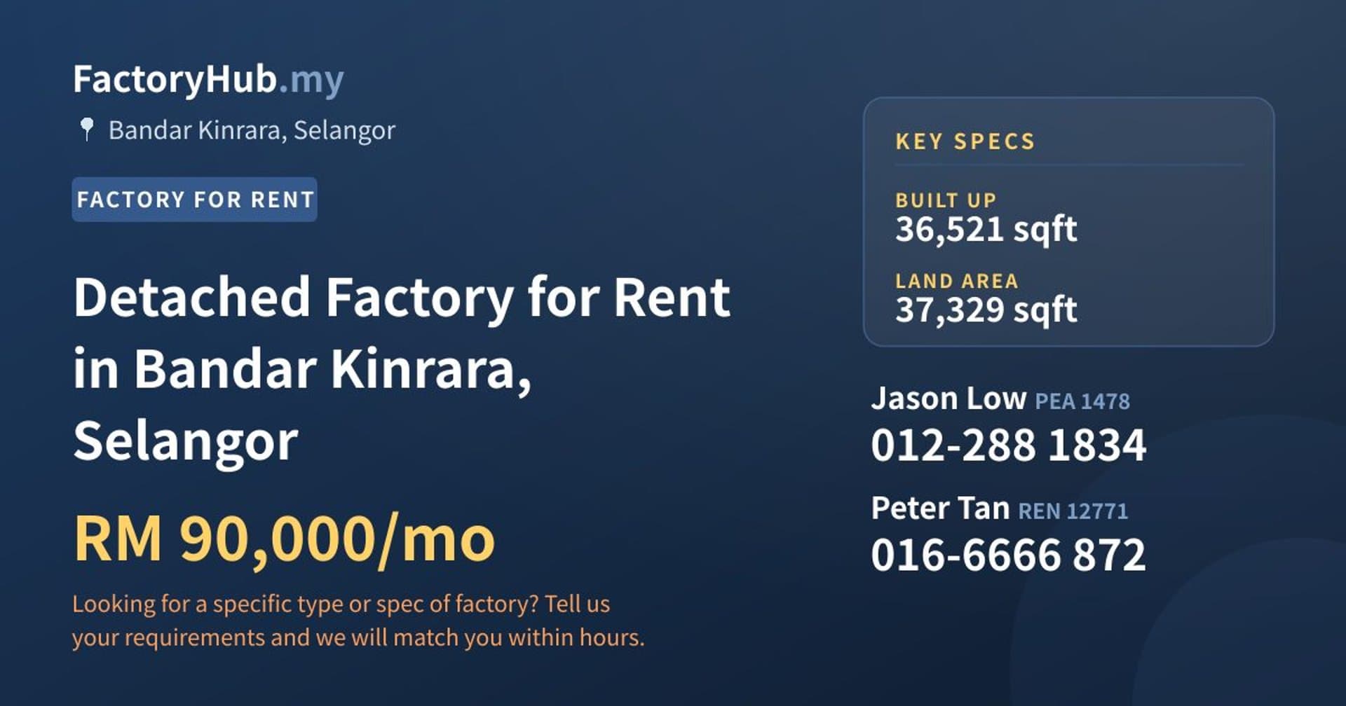Detached Factory for Rent in Bandar Kinrara, Selangor - Property image 1 of 2