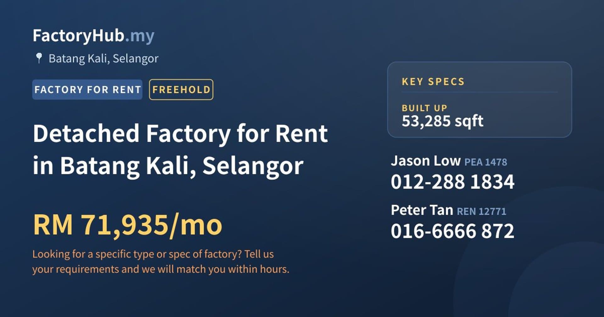 Detached Factory for Rent in Batang Kali, Selangor - Property image 1 of 2