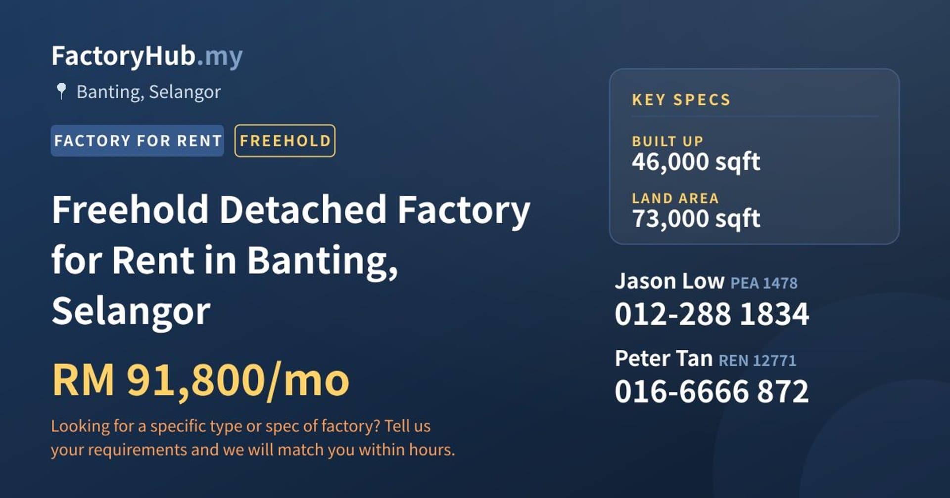 Freehold Detached Factory for Rent in Banting, Selangor - Property image 1 of 2