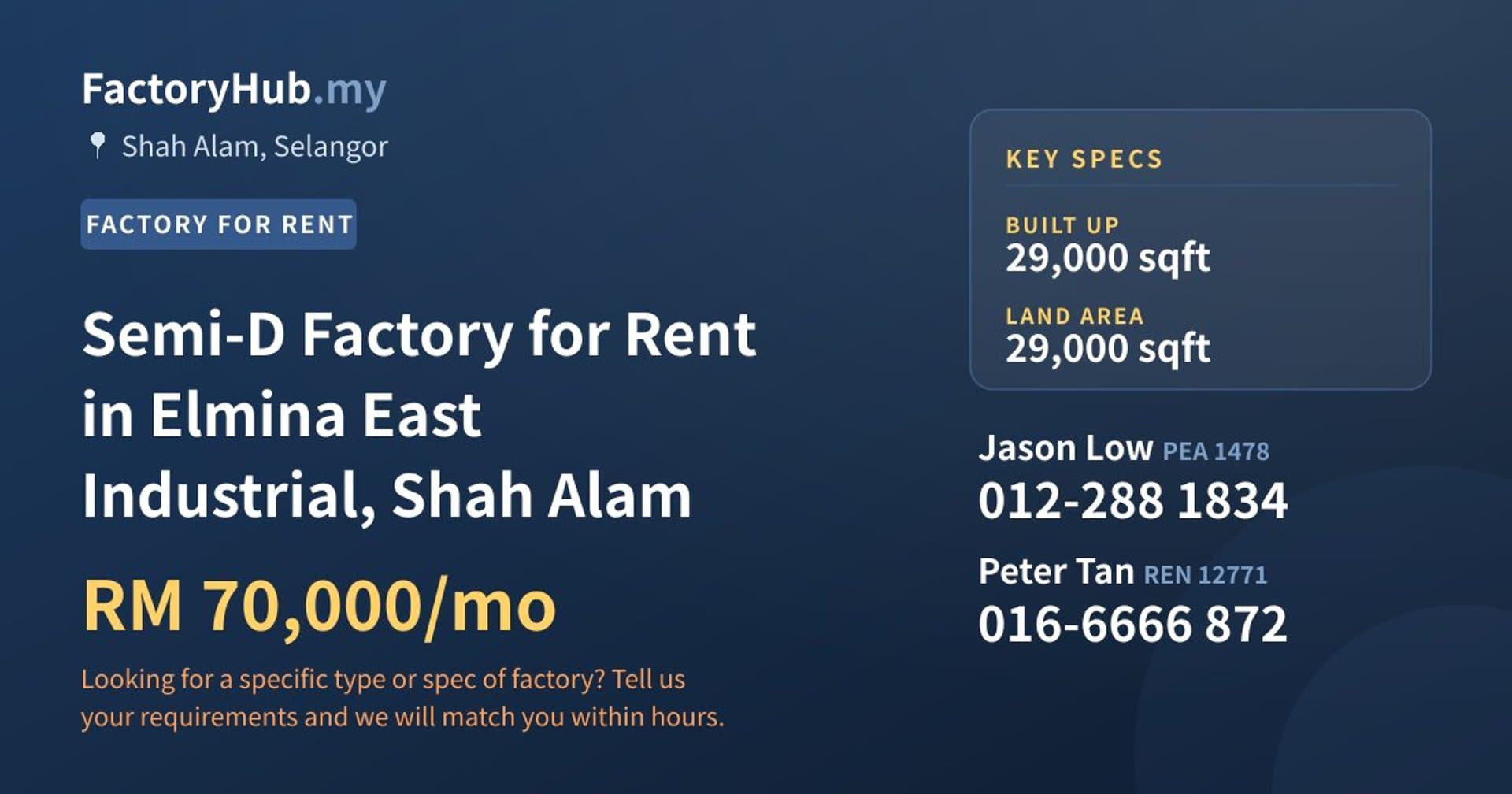 Semi-D Factory for Rent in Elmina East Industrial, Shah Alam - Property image 1 of 2