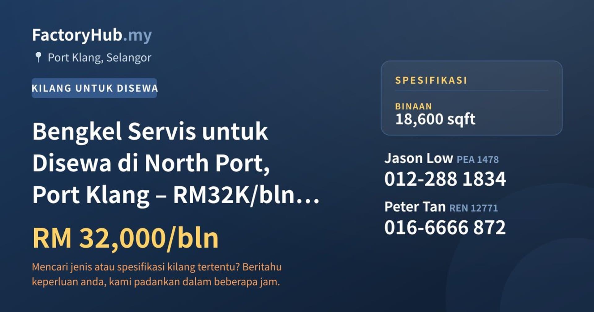 Bengkel Servis untuk Disewa di North Port, Port Klang – RM32K/bln 18600kp · Imej hartanah 1/4
