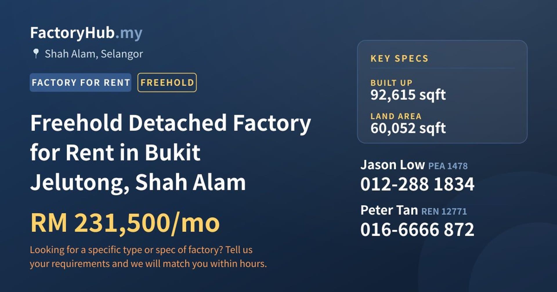 Freehold Detached Factory for Rent in Bukit Jelutong, Shah Alam - Property image 1 of 2