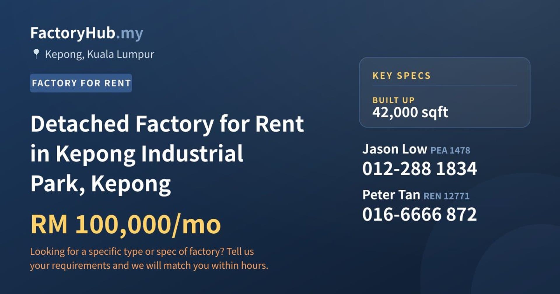Detached Factory for Rent in Kepong Industrial Park, Kepong - Property image 1 of 2