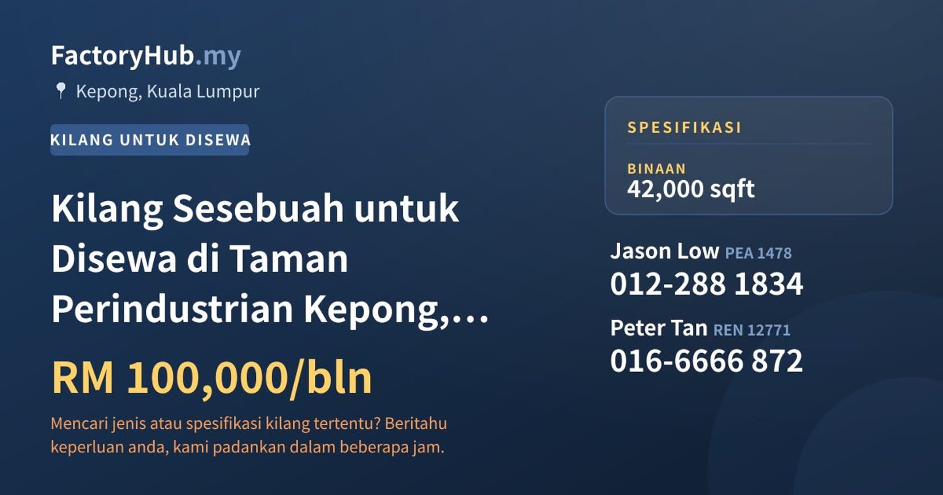 Kilang Sesebuah untuk Disewa di Taman Perindustrian Kepong, Kepong · Imej hartanah 1/2