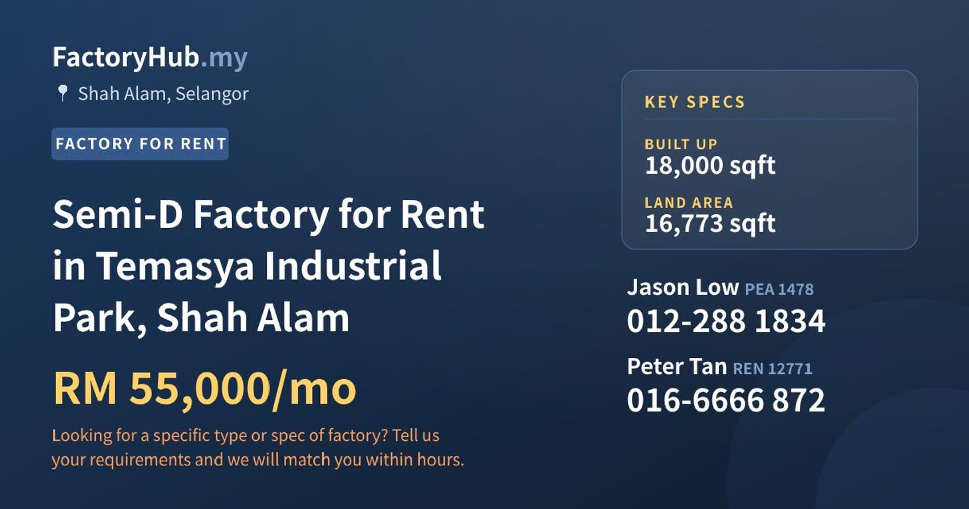Semi-D Factory for Rent in Temasya Industrial Park, Shah Alam - Property image 1 of 2