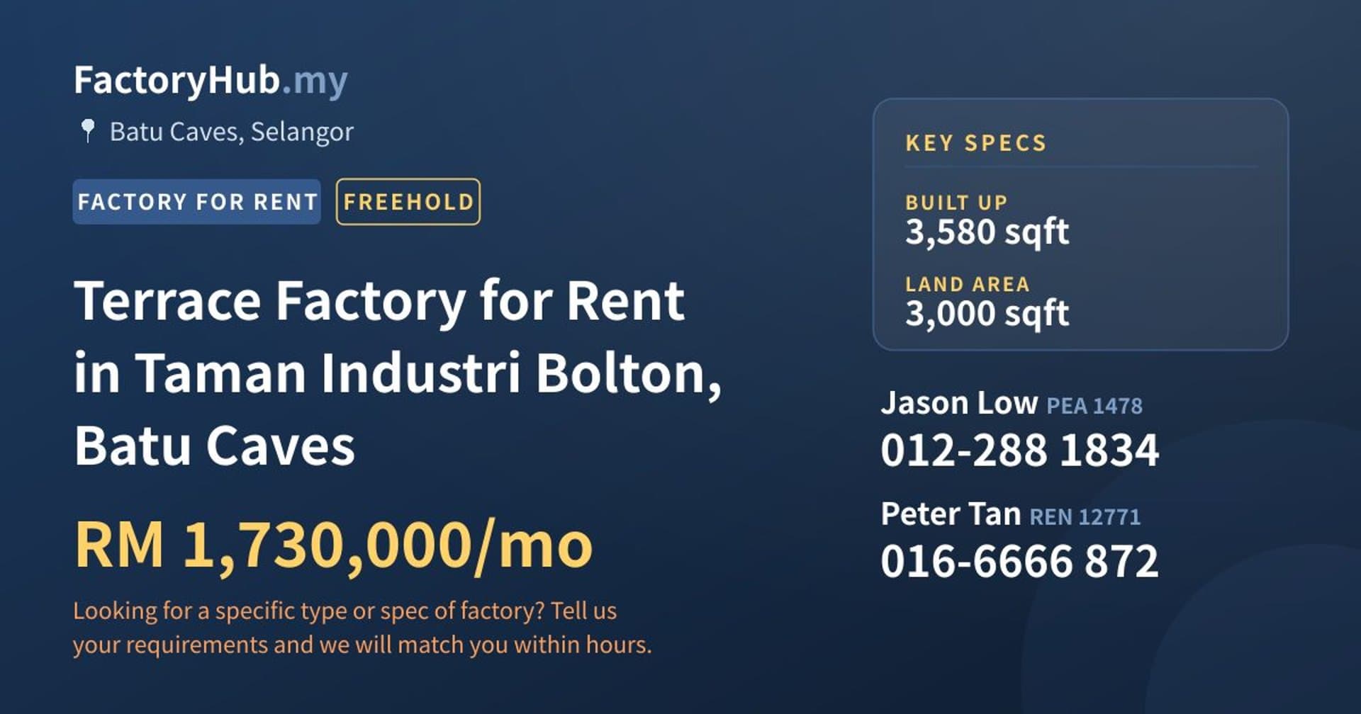 Terrace Factory for Rent in Taman Industri Bolton, Batu Caves - Property image 1 of 2