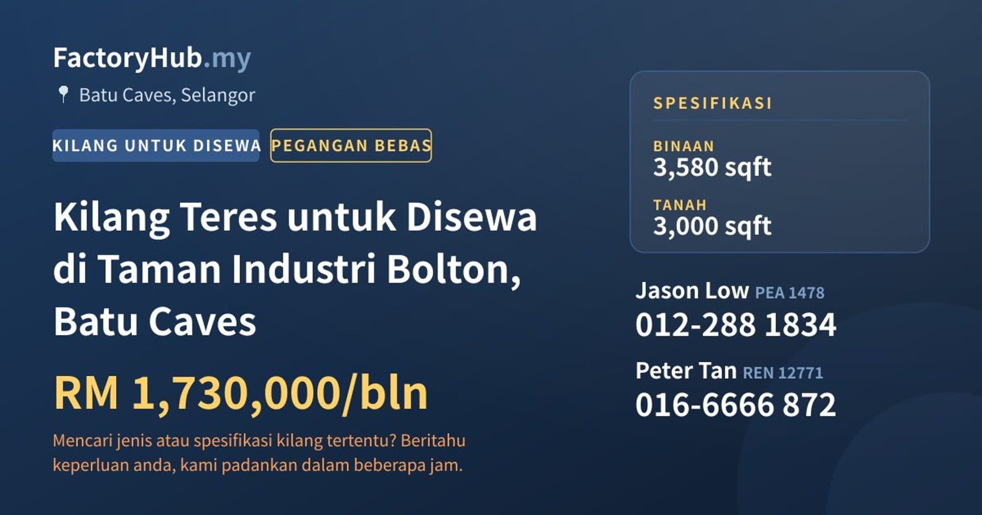 Kilang Teres untuk Disewa di Taman Industri Bolton, Batu Caves · Imej hartanah 1/2