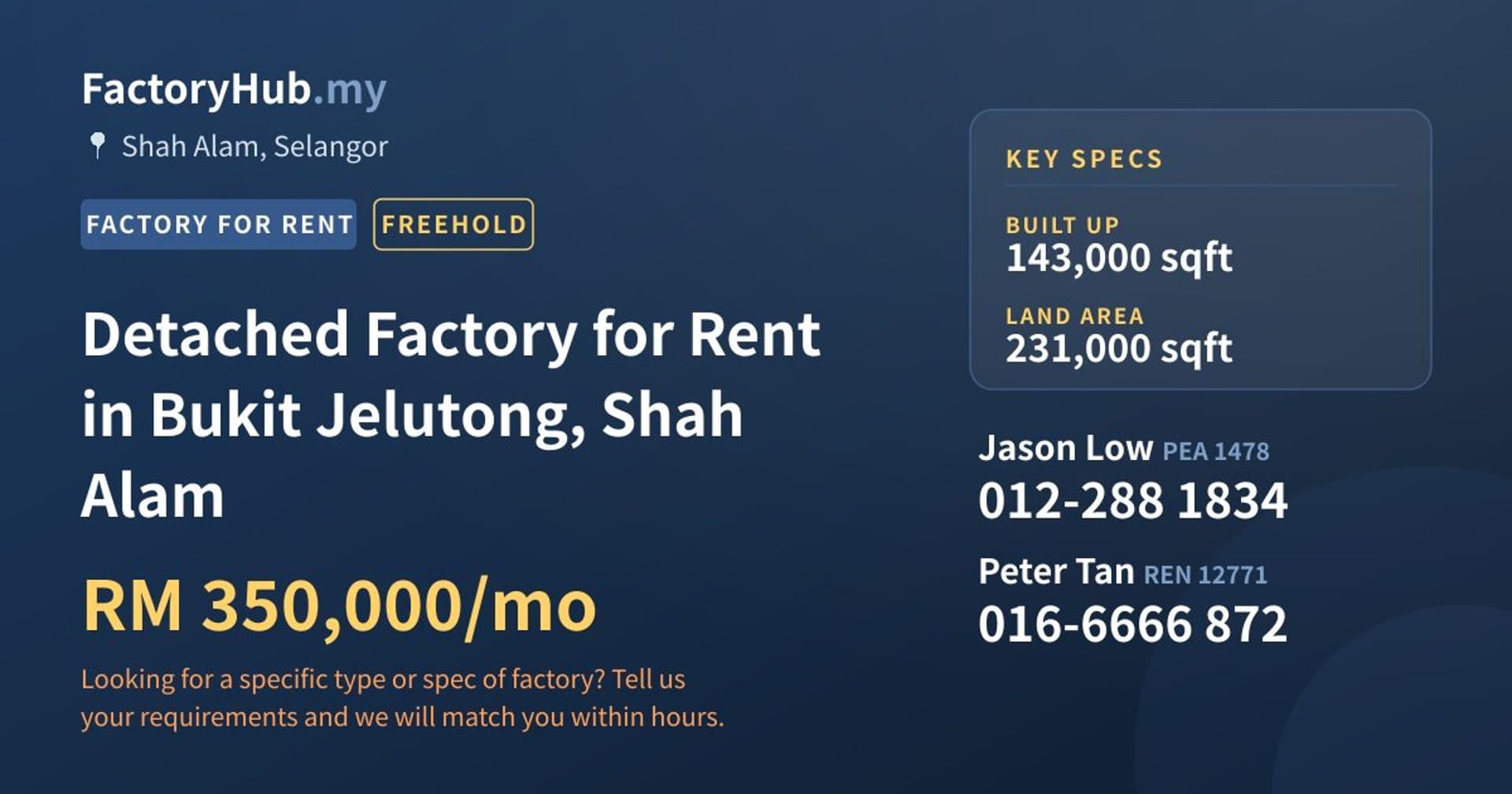 Detached Factory for Rent in Bukit Jelutong, Shah Alam - Property image 1 of 2