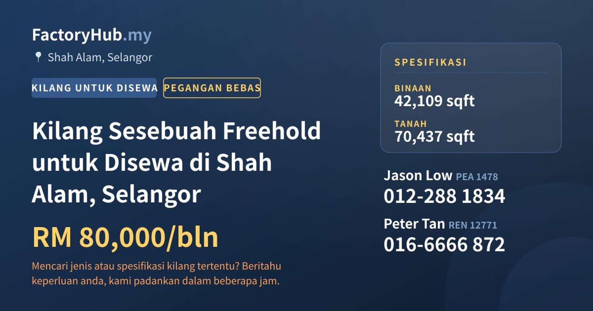 Kilang Sesebuah Freehold untuk Disewa di Shah Alam, Selangor · Imej hartanah 1/2