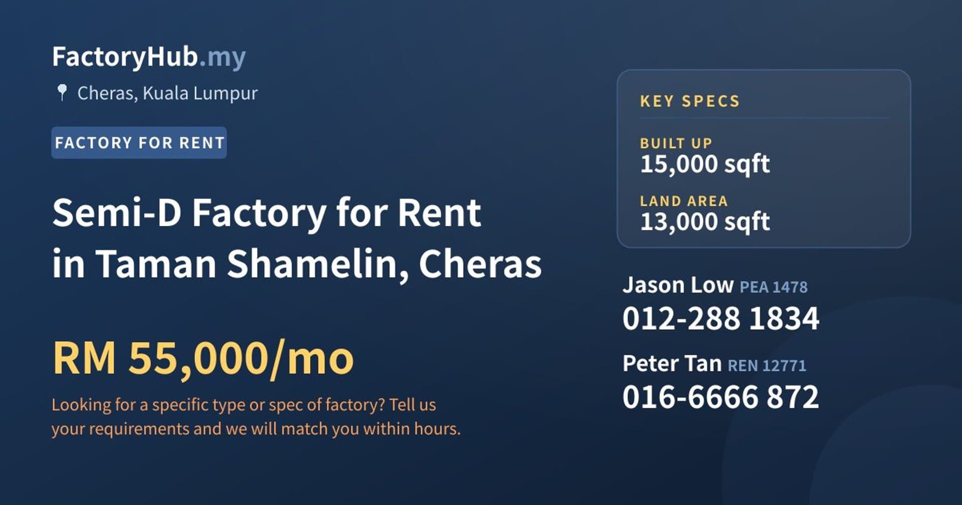 Semi-D Factory for Rent in Taman Shamelin, Cheras - Property image 1 of 2