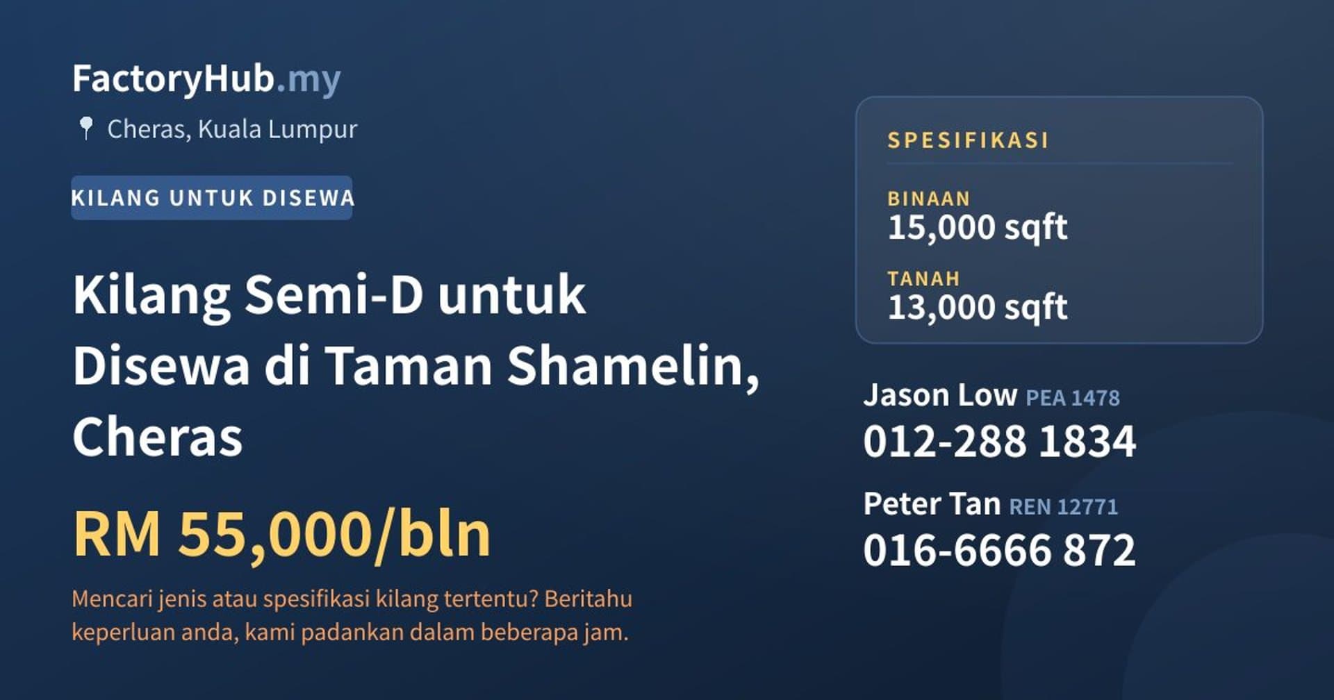 Kilang Semi-D untuk Disewa di Taman Shamelin, Cheras · Imej hartanah 1/2