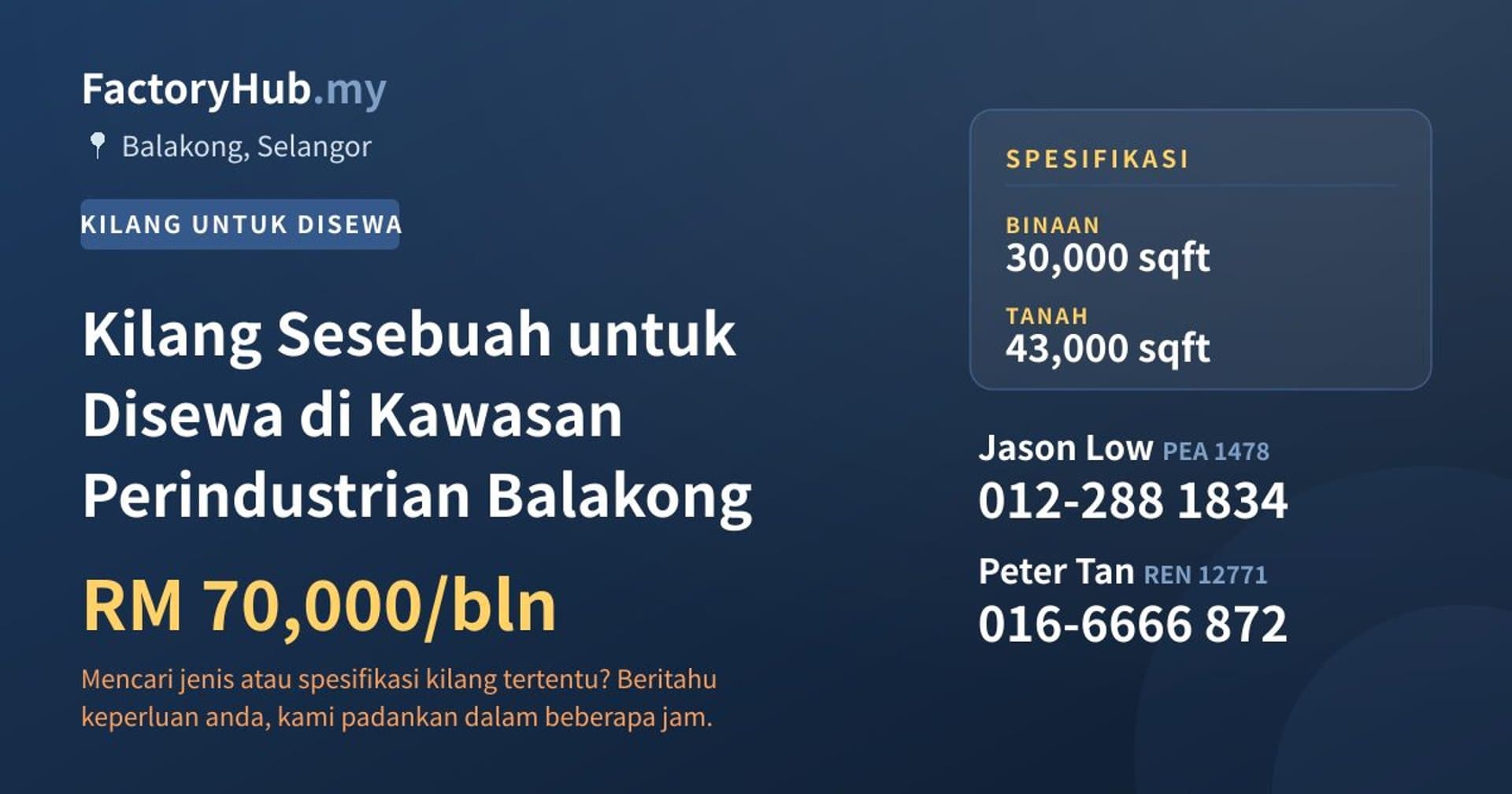 Kilang Sesebuah untuk Disewa di Kawasan Perindustrian Balakong · Imej hartanah 1/2