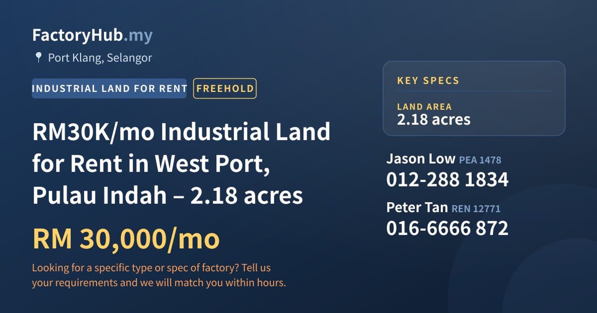 RM30K/mo Industrial Land for Rent in West Port, Pulau Indah – 2.18 acres - Property image 1 of 5