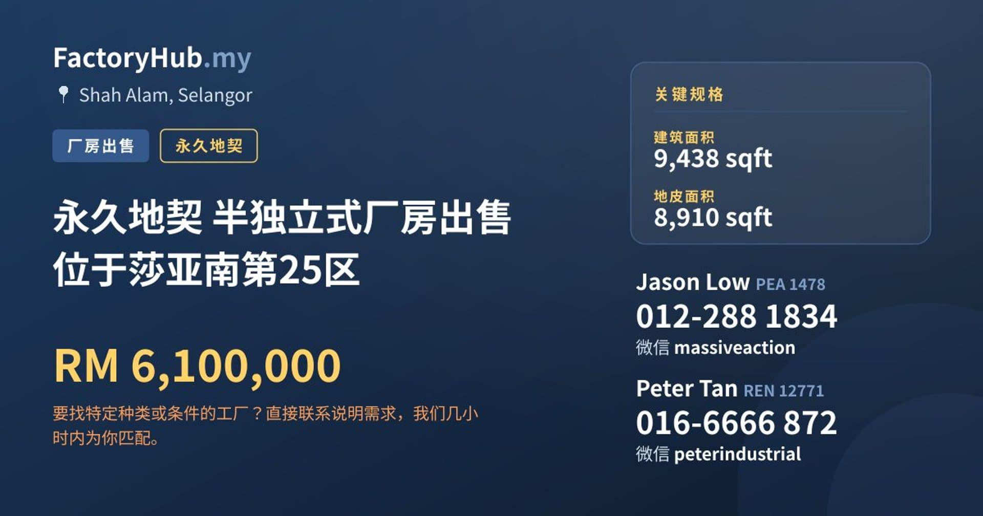 永久地契 半独立式厂房出售 位于莎亚南第25区 · 房源图片 1/2
