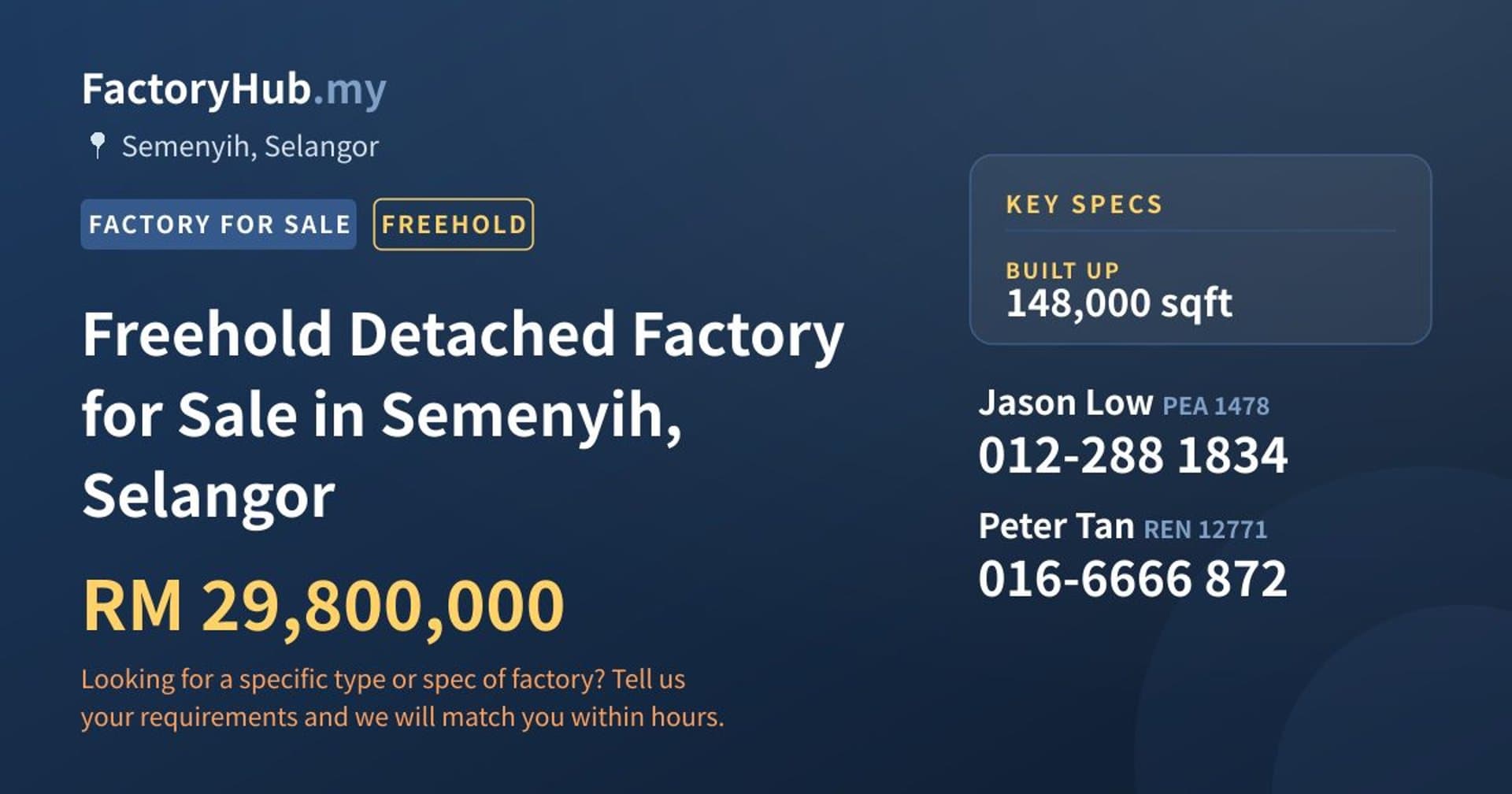 Freehold Detached Factory for Sale in Semenyih, Selangor - Property image 1 of 2