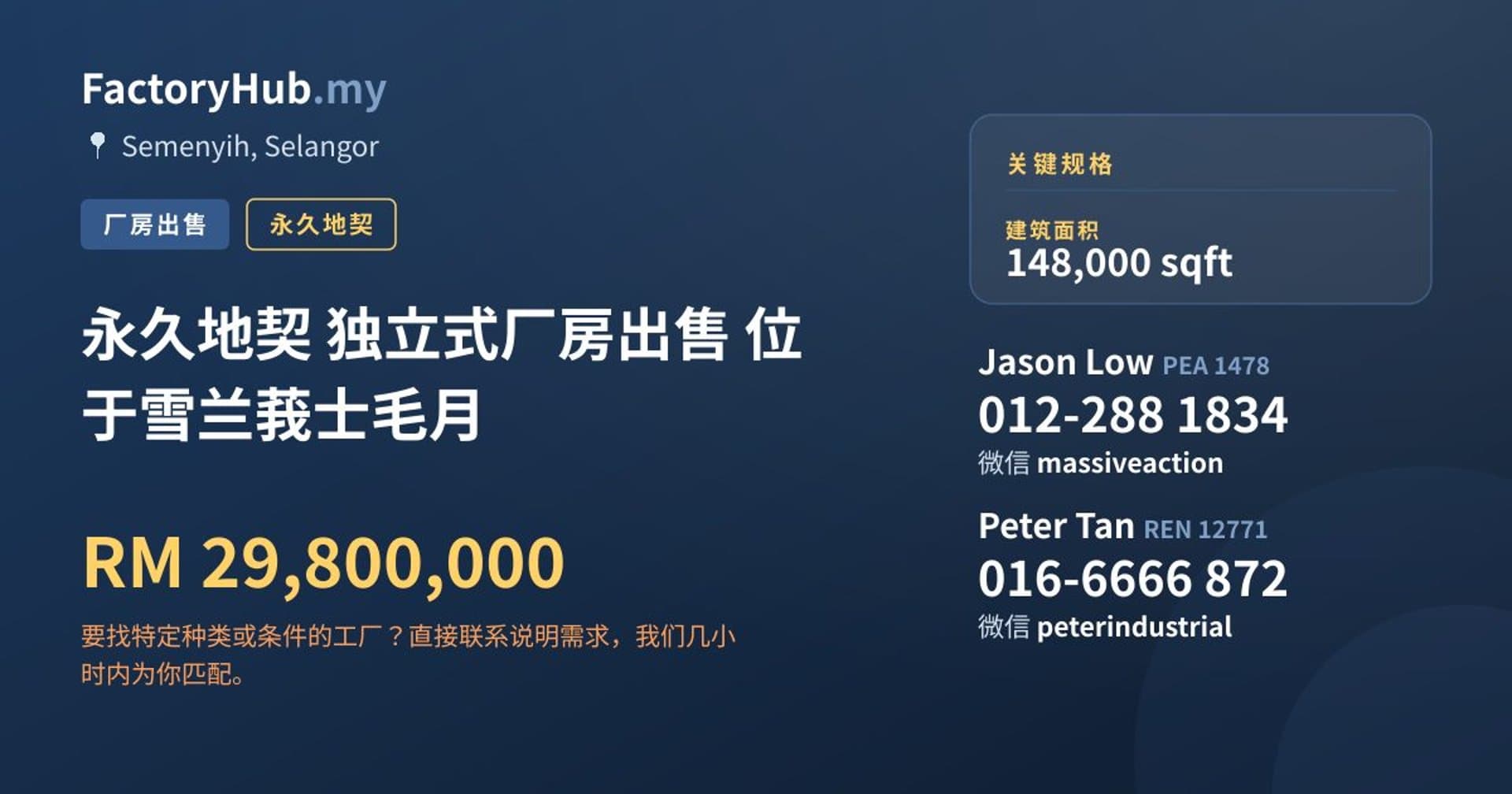 永久地契 独立式厂房出售 位于雪兰莪士毛月 · 房源图片 1/2