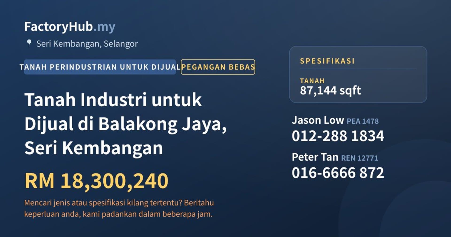 Tanah Industri untuk Dijual di Balakong Jaya, Seri Kembangan · Imej hartanah 1/2
