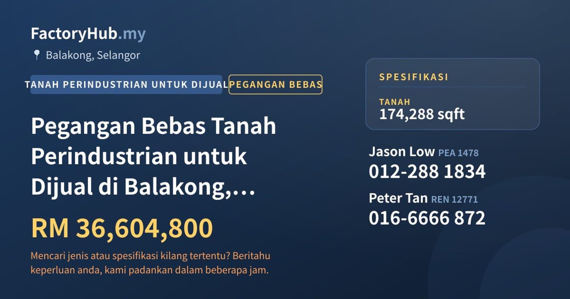 Pegangan Bebas Tanah Perindustrian untuk Dijual di Balakong, Selangor · Imej hartanah 1/2
