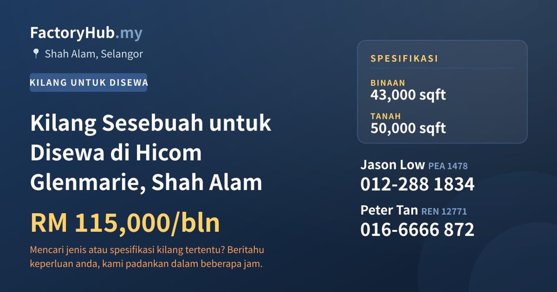 Kilang Sesebuah untuk Disewa di Hicom Glenmarie, Shah Alam · Imej hartanah 1/2