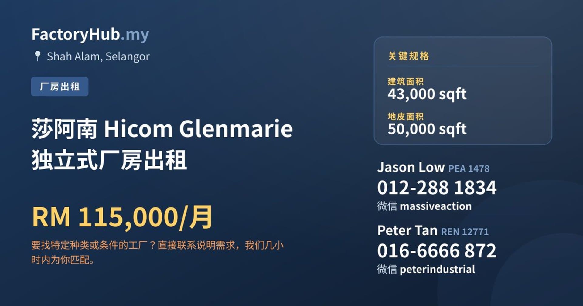 莎阿南 Hicom Glenmarie 独立式厂房出租 · 房源图片 1/2