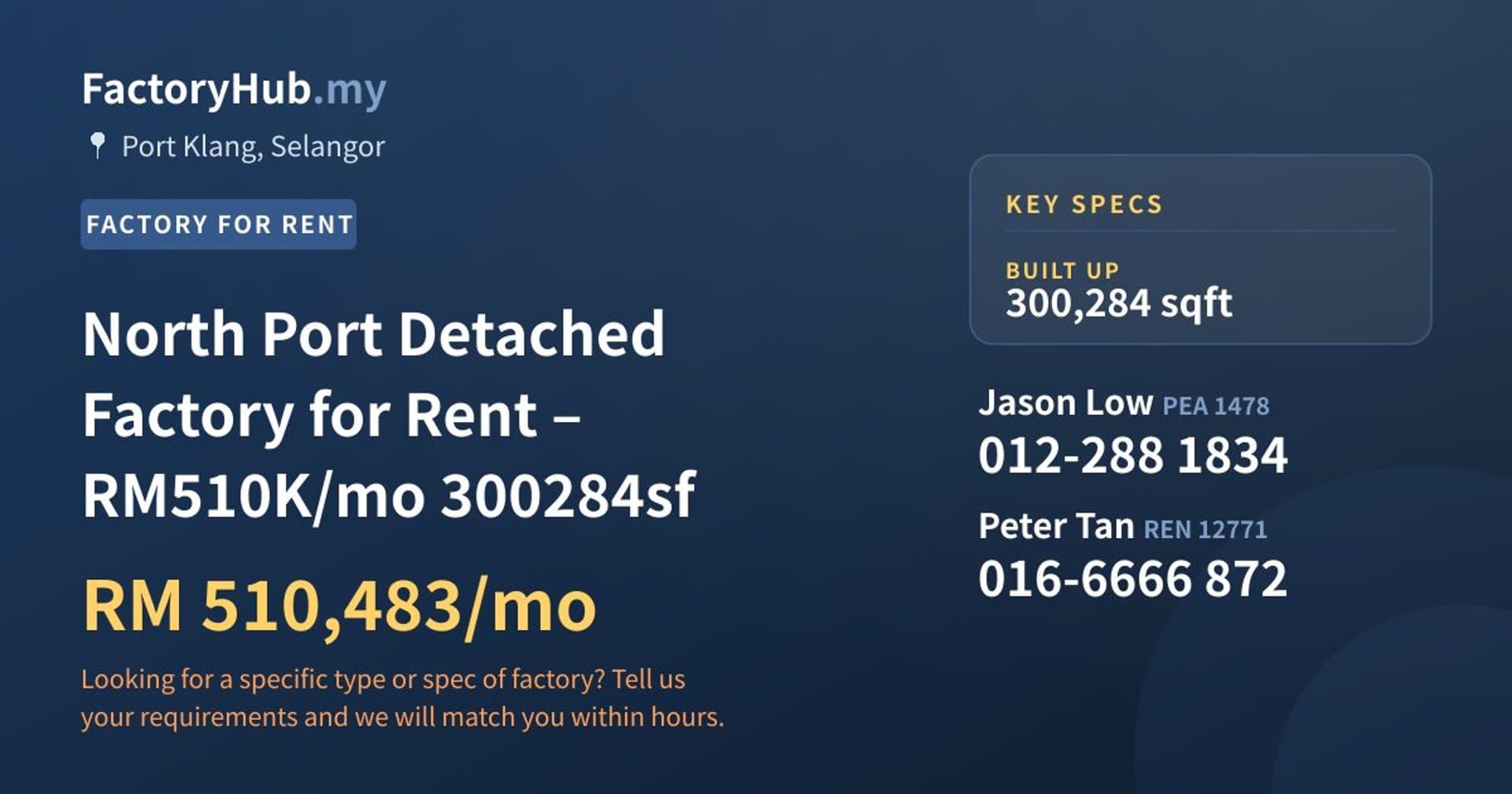 North Port Detached Factory for Rent – RM510K/mo 300284sf - Property image 1 of 4