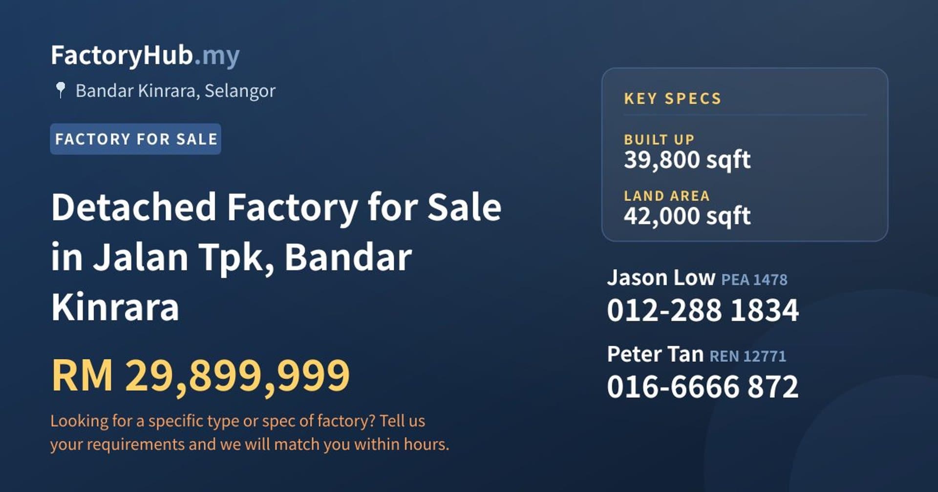 Detached Factory for Sale in Jalan Tpk, Bandar Kinrara - Property image 1 of 2