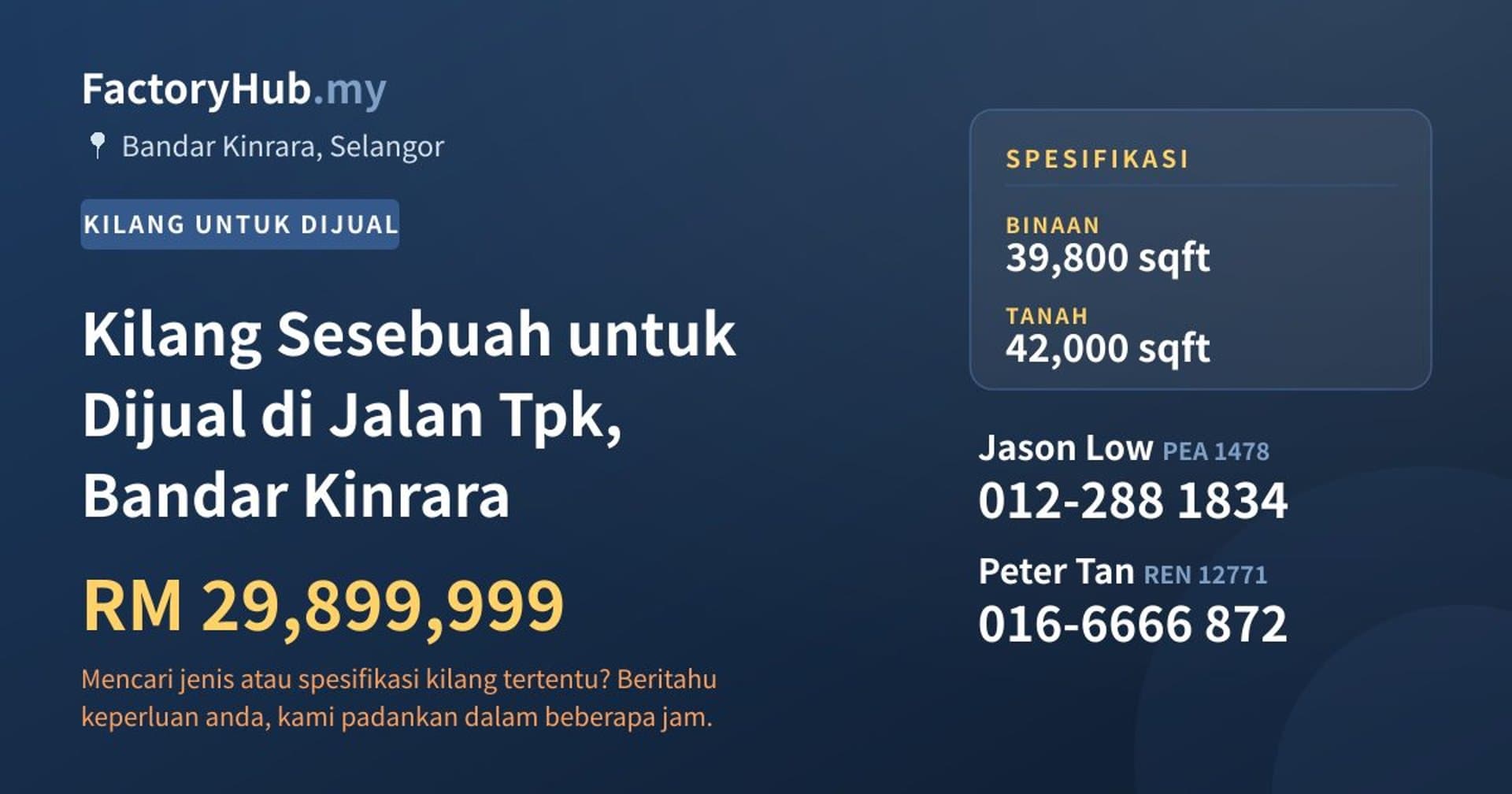 Kilang Sesebuah untuk Dijual di Jalan Tpk, Bandar Kinrara · Imej hartanah 1/2
